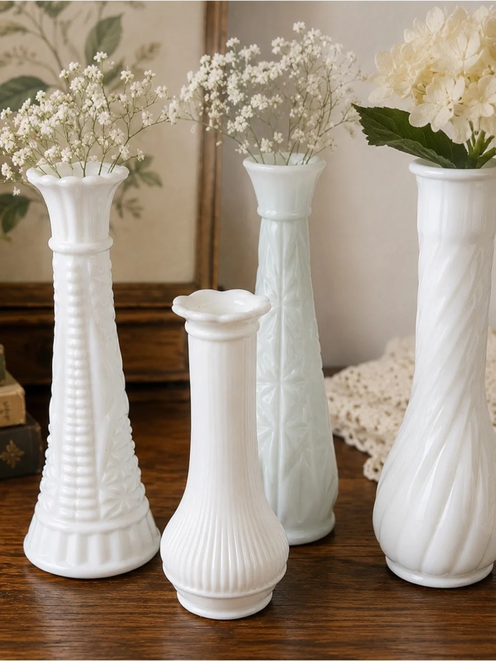 Vintage Milk Glass Bud Vases Set of 4 White Embossed Textured Floral Vases